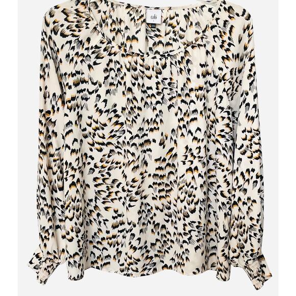 CABI LONG SLV PULL-OVER ROUND NECK BLOUSE, WOMENS, L, CREAM-YELLOW BLACK ABTRACT - Picture 1 of 11